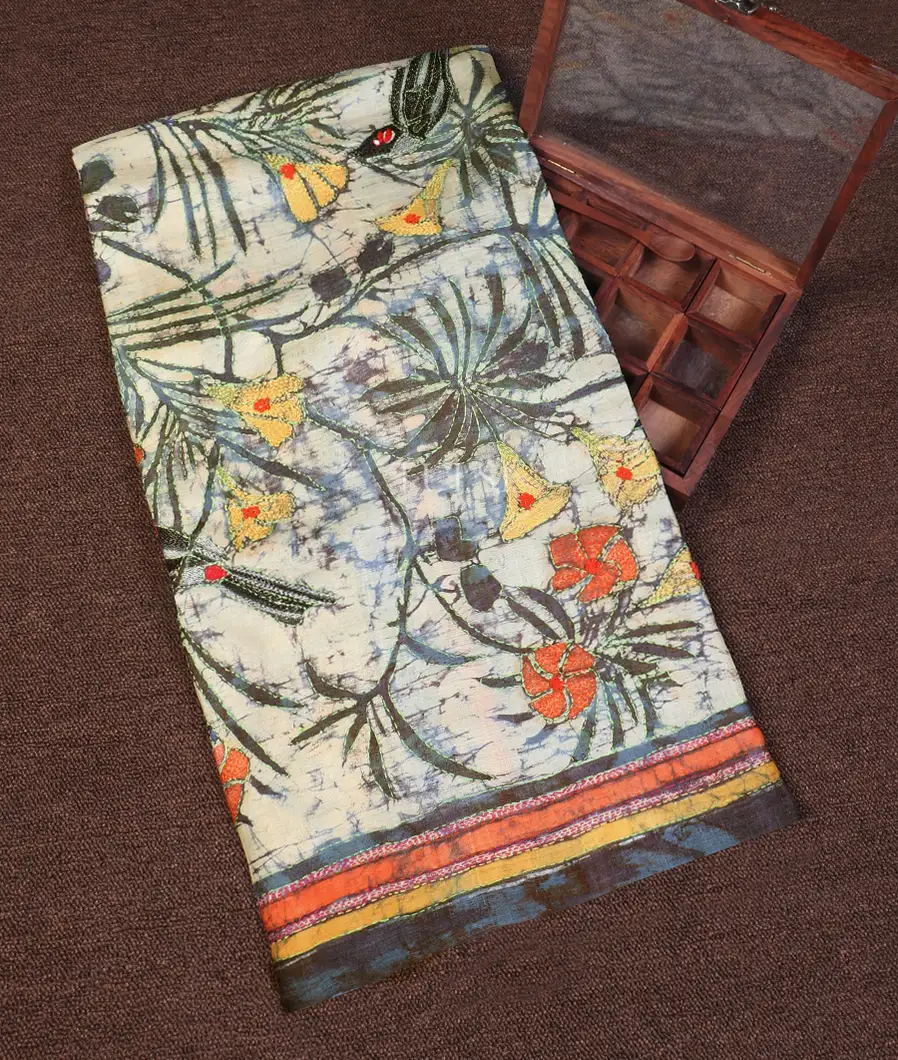 Light Beige Tussar Kantha Work Saree T588833-image