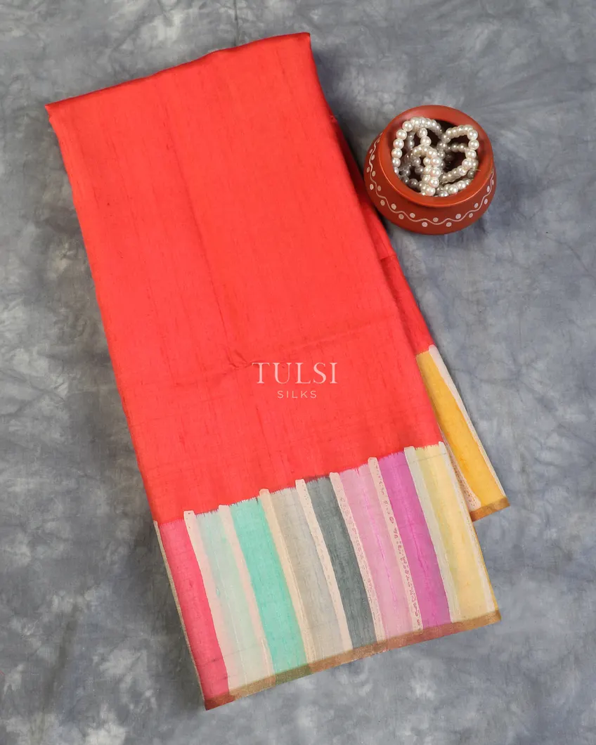 Dark Peach Tussar Printed Saree T589082-image
