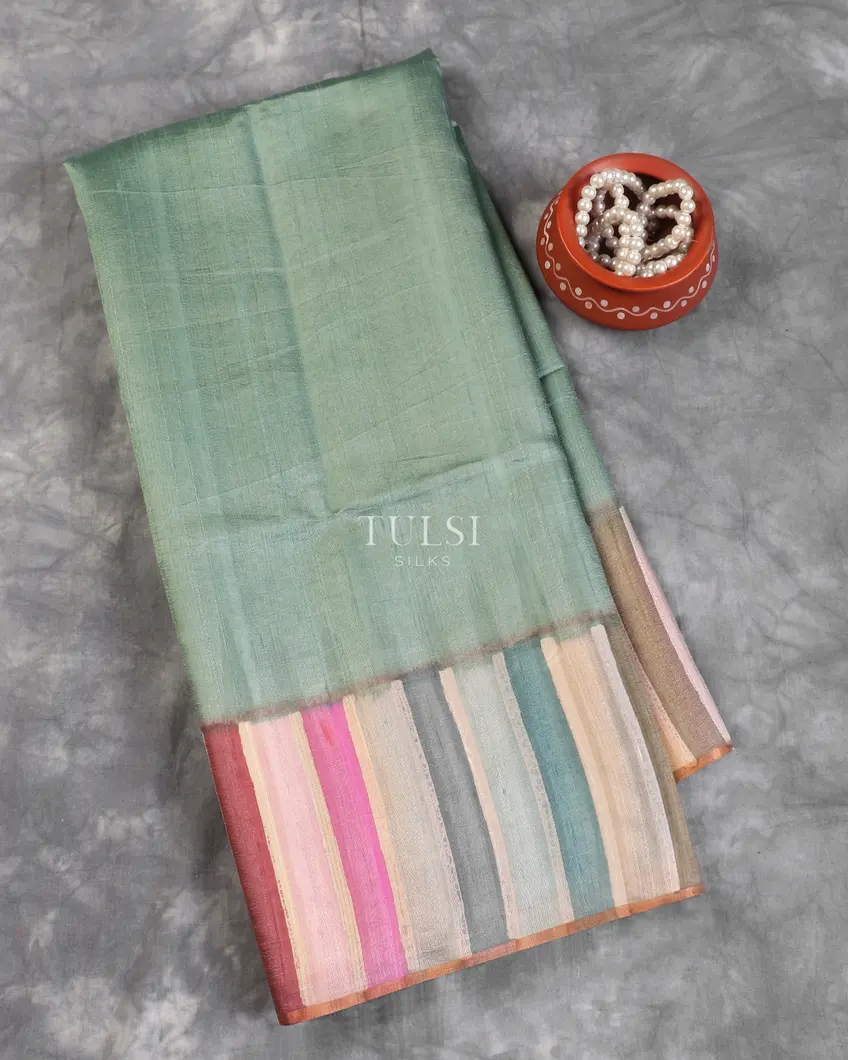 Greenish Grey Tussar Printed Saree T589085-image