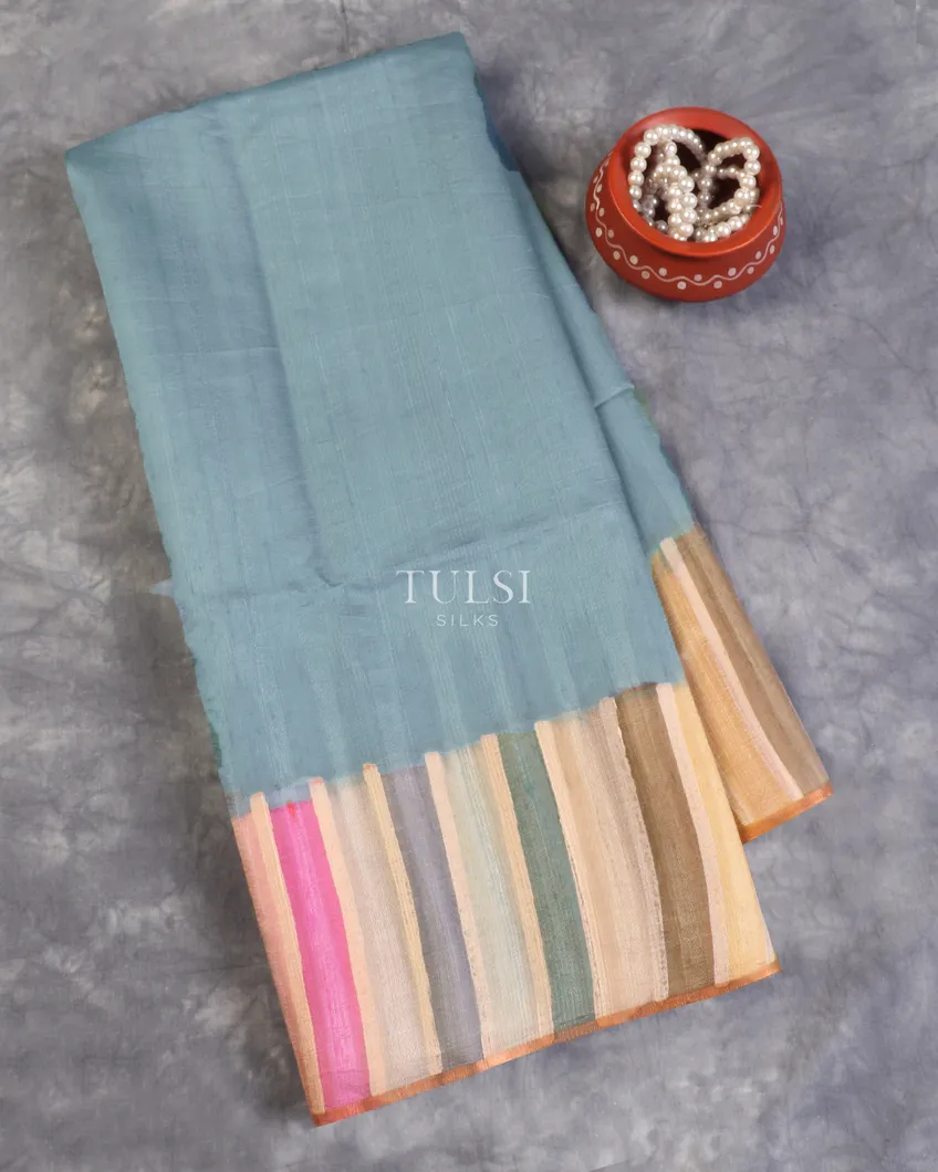 Greyish Blue Tussar Printed Saree T589081-image