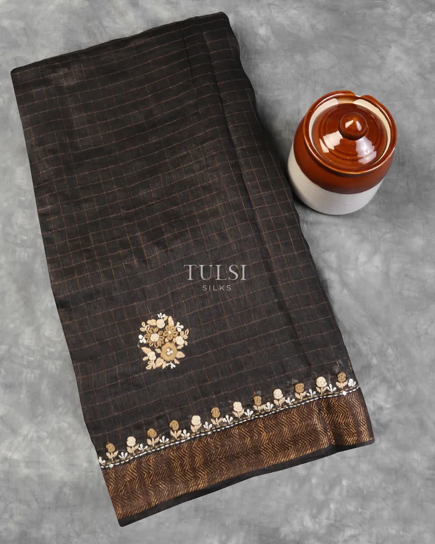 Black Linen Embroidery Saree T587235-image