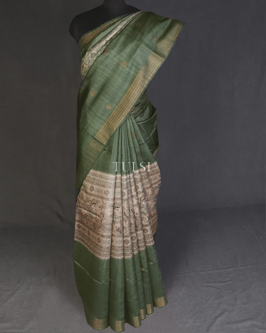 Beige And Green Tussar Printed Saree T588560-image