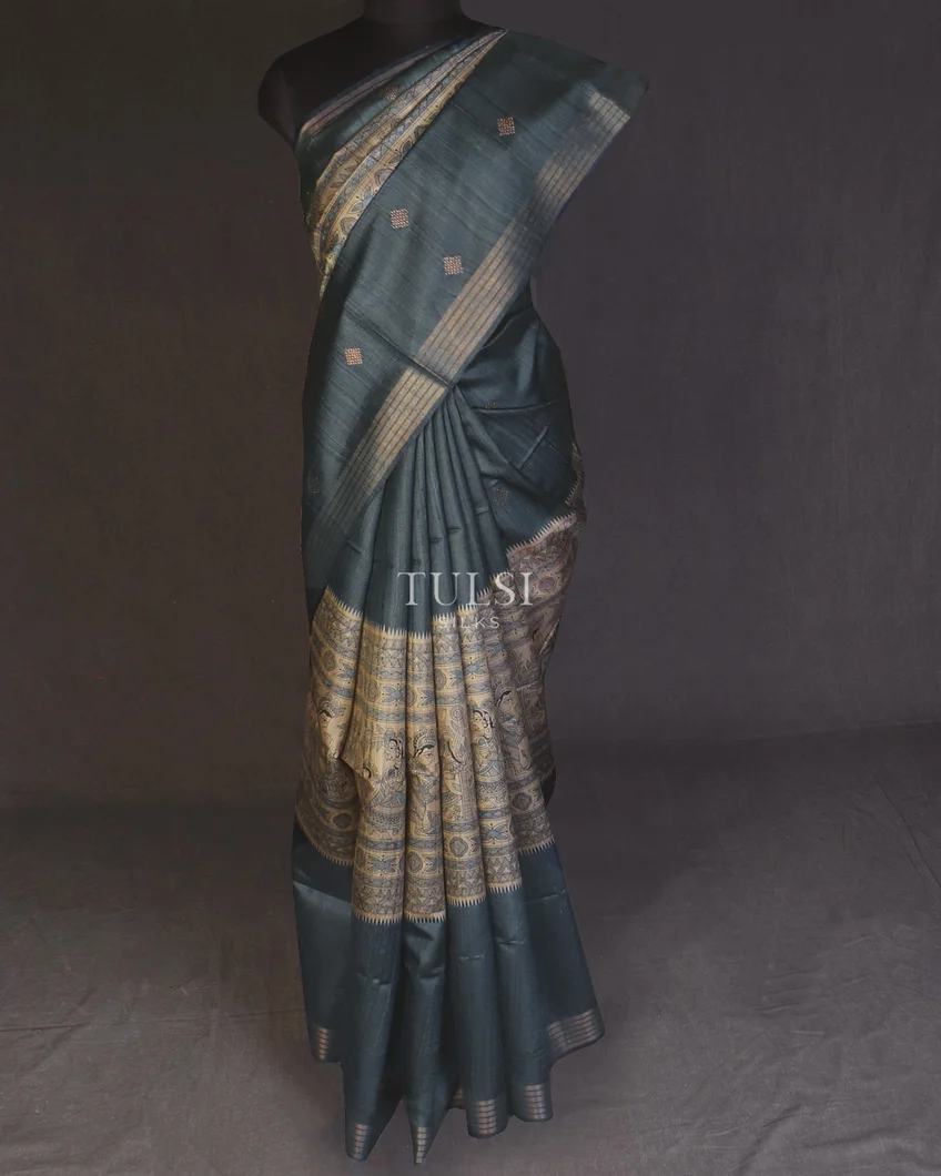 Beige And Blue Tussar Printed Saree T588561-image