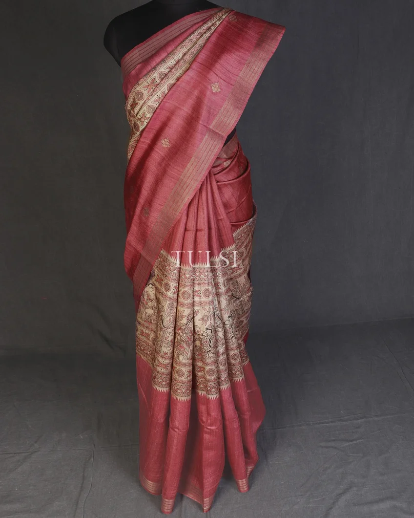 Beige And Pink Tussar Printed Saree T588563-image