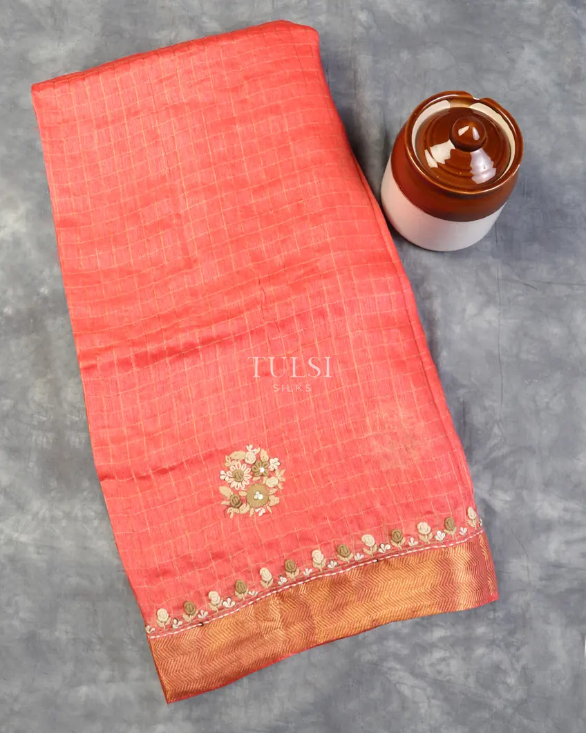 Peach Linen Embroidery Saree T587234-image