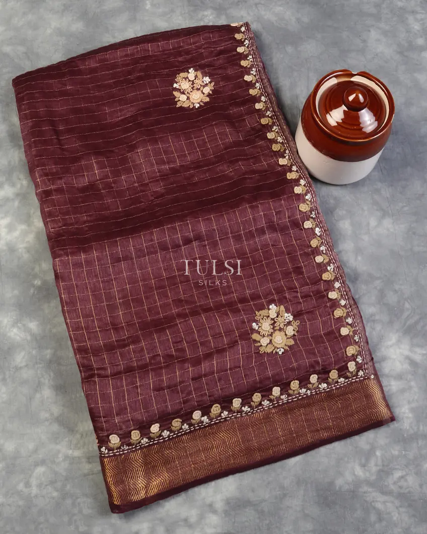 Burgundy Linen Embroidery Saree T587237-image