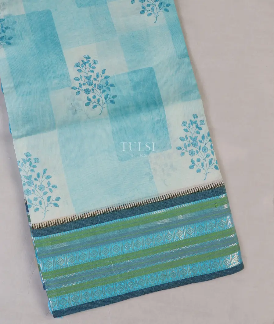 Blue And Off - White Chanderi Cotton Saree T588802-image