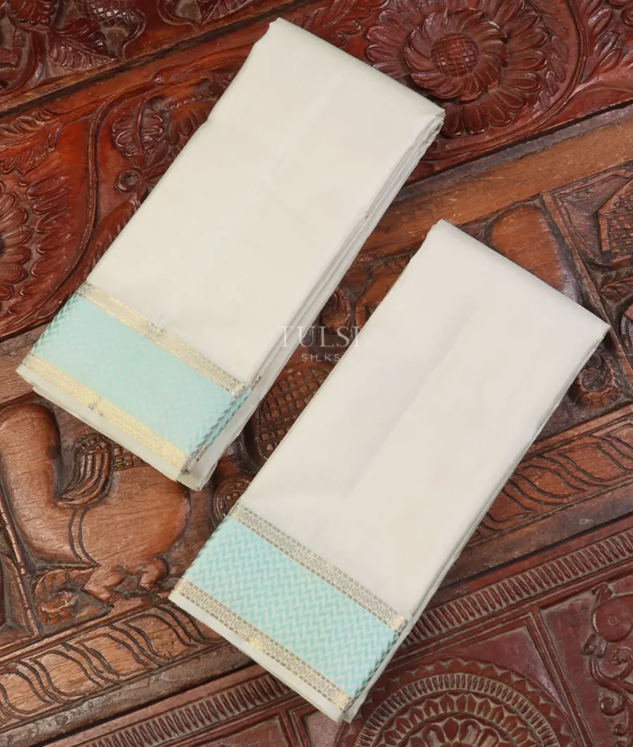 Off - White Handwoven Kanjivaram Silk Dhoti and Vastharam T588007-image