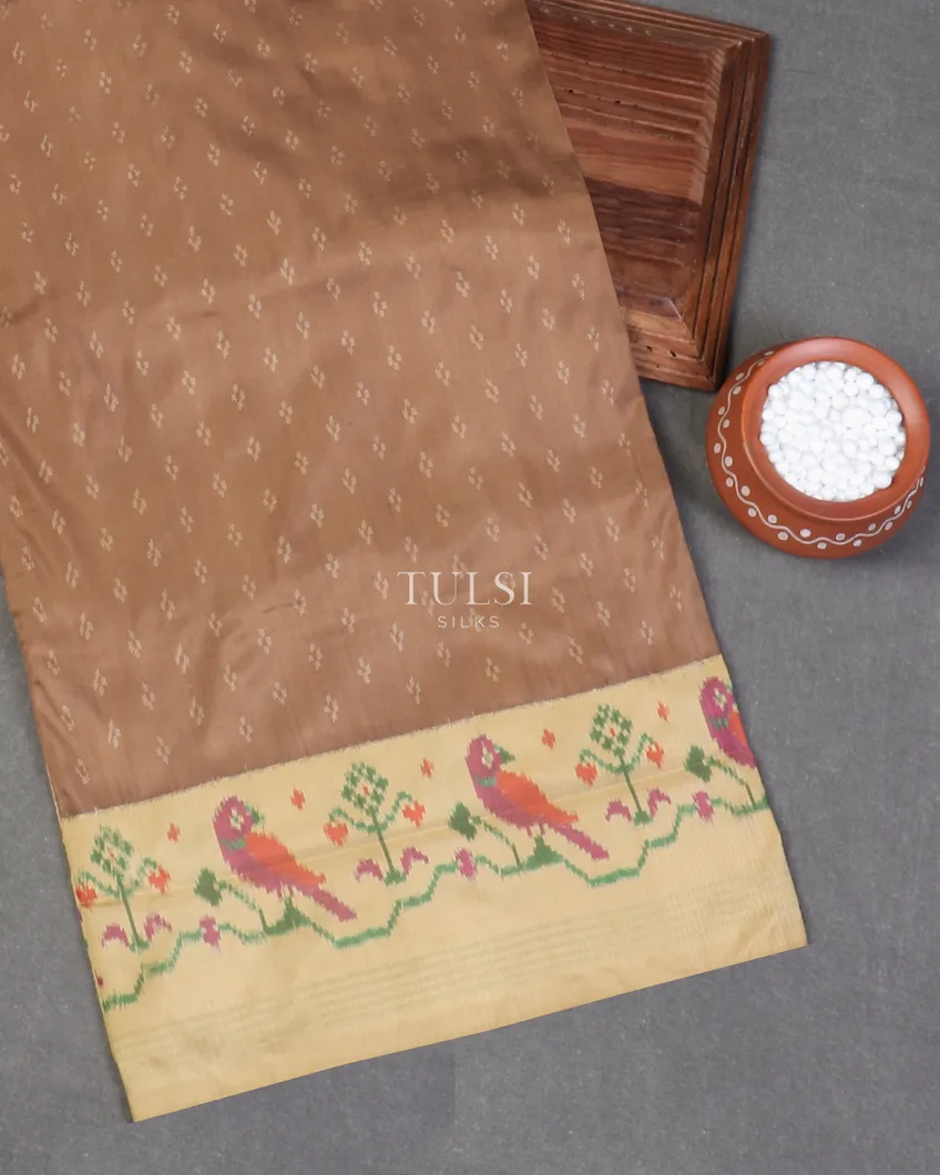 Light Khaki Brown Ikat Silk Saree T576853-image