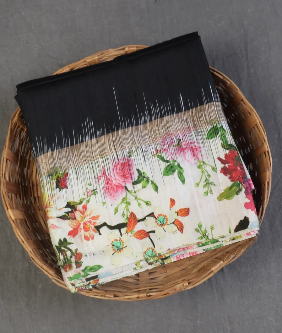 Black Soft Silk Saree With Raw Silk Finish T589054-image