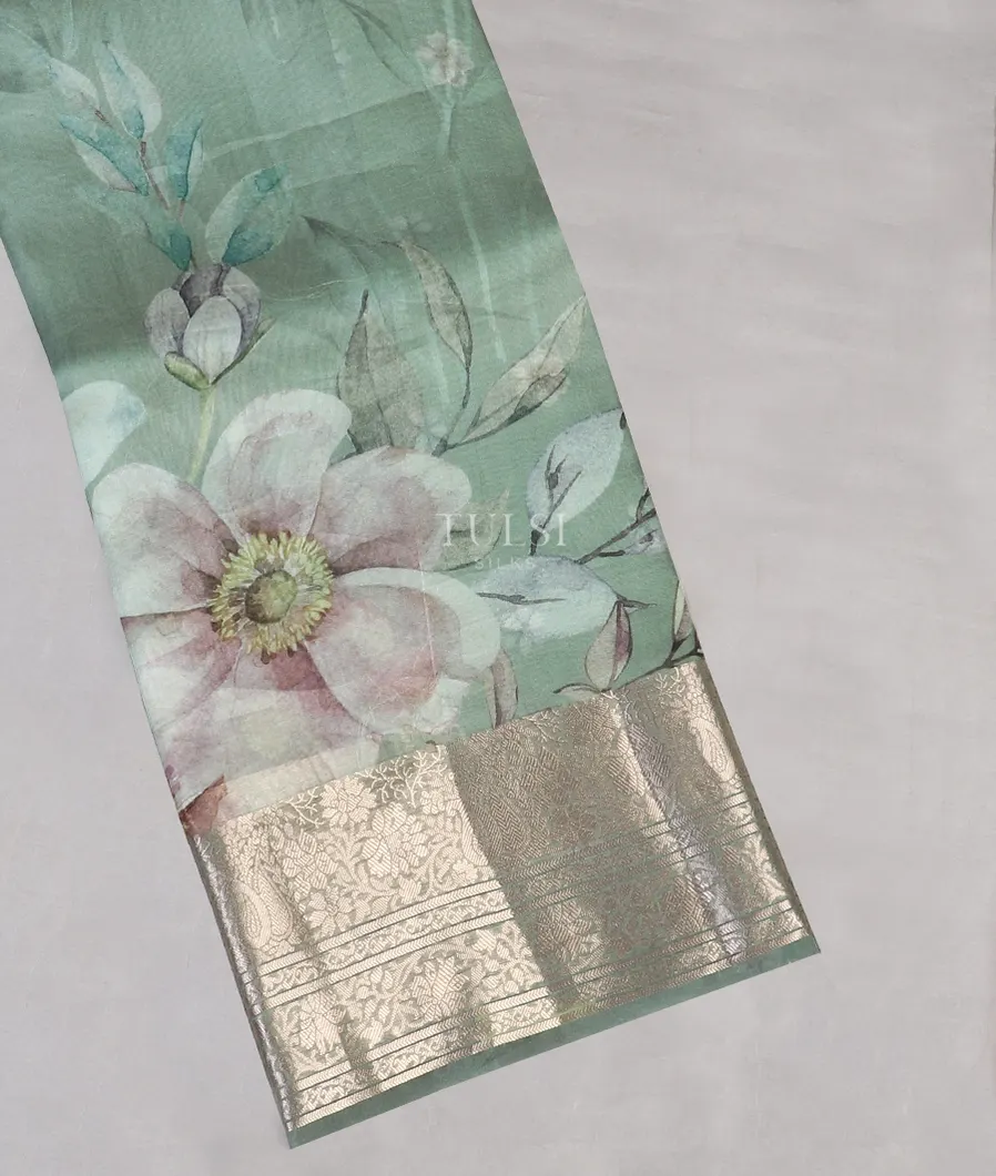 Greenish Grey Kora Organza Printed Saree T519736-image