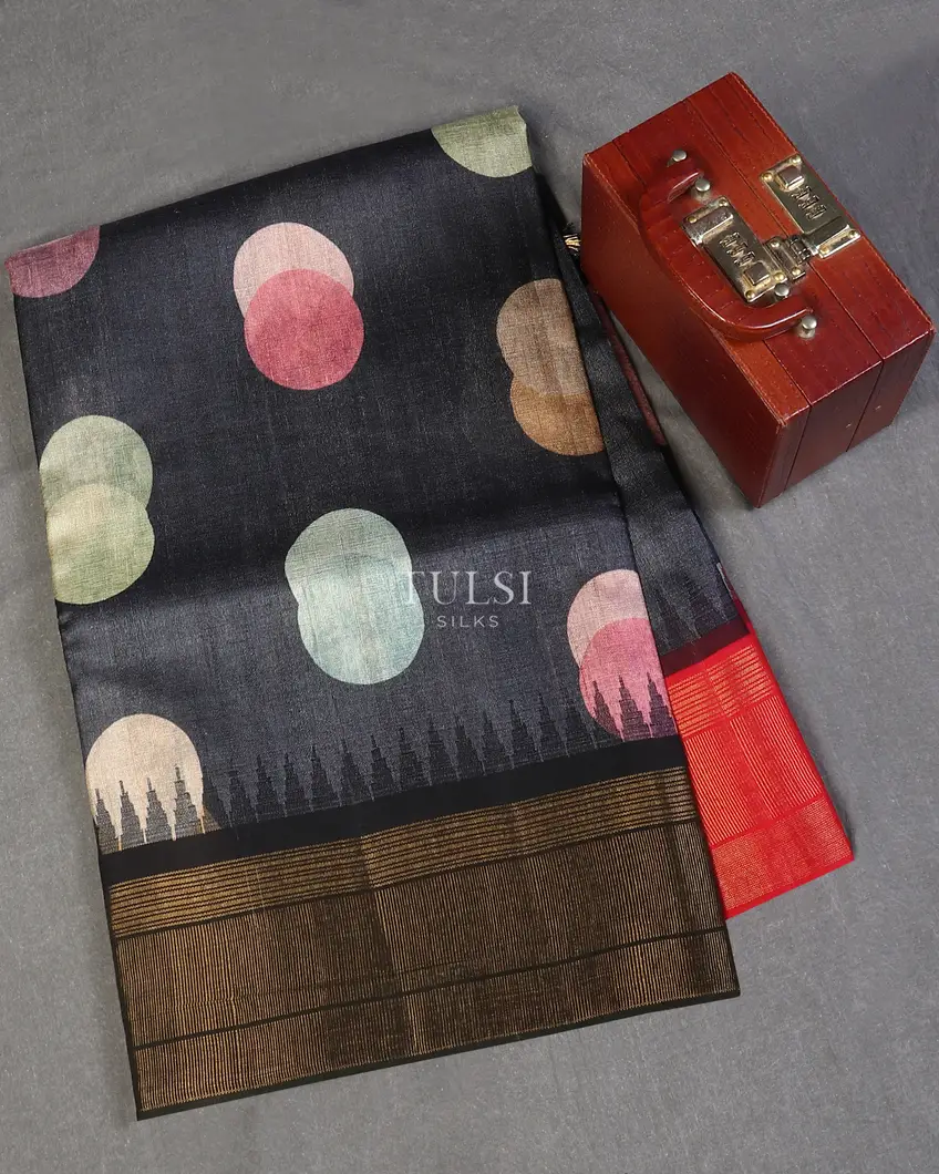Dark Grey Tussar Printed Saree T592834-image