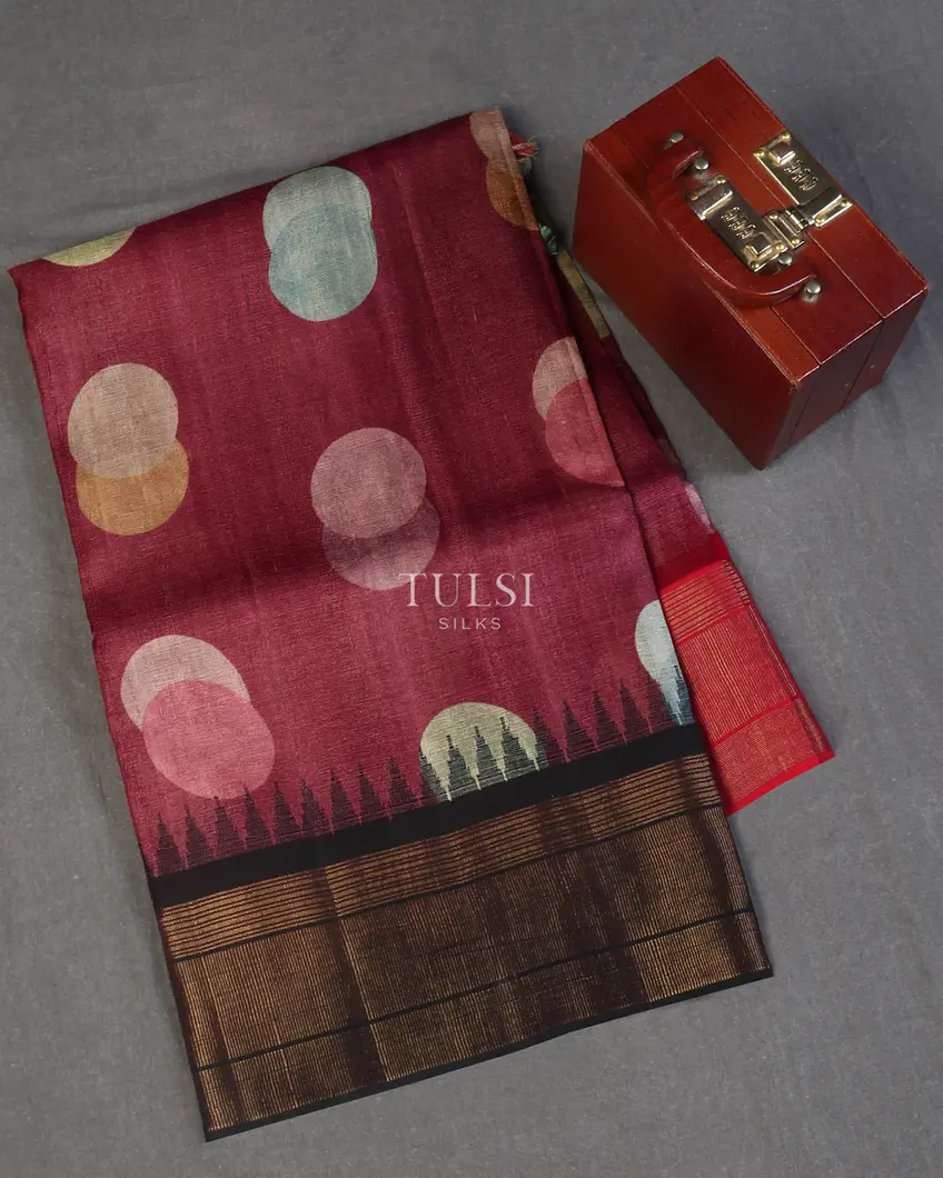 Dark Pink Tussar Printed Saree T592832-image
