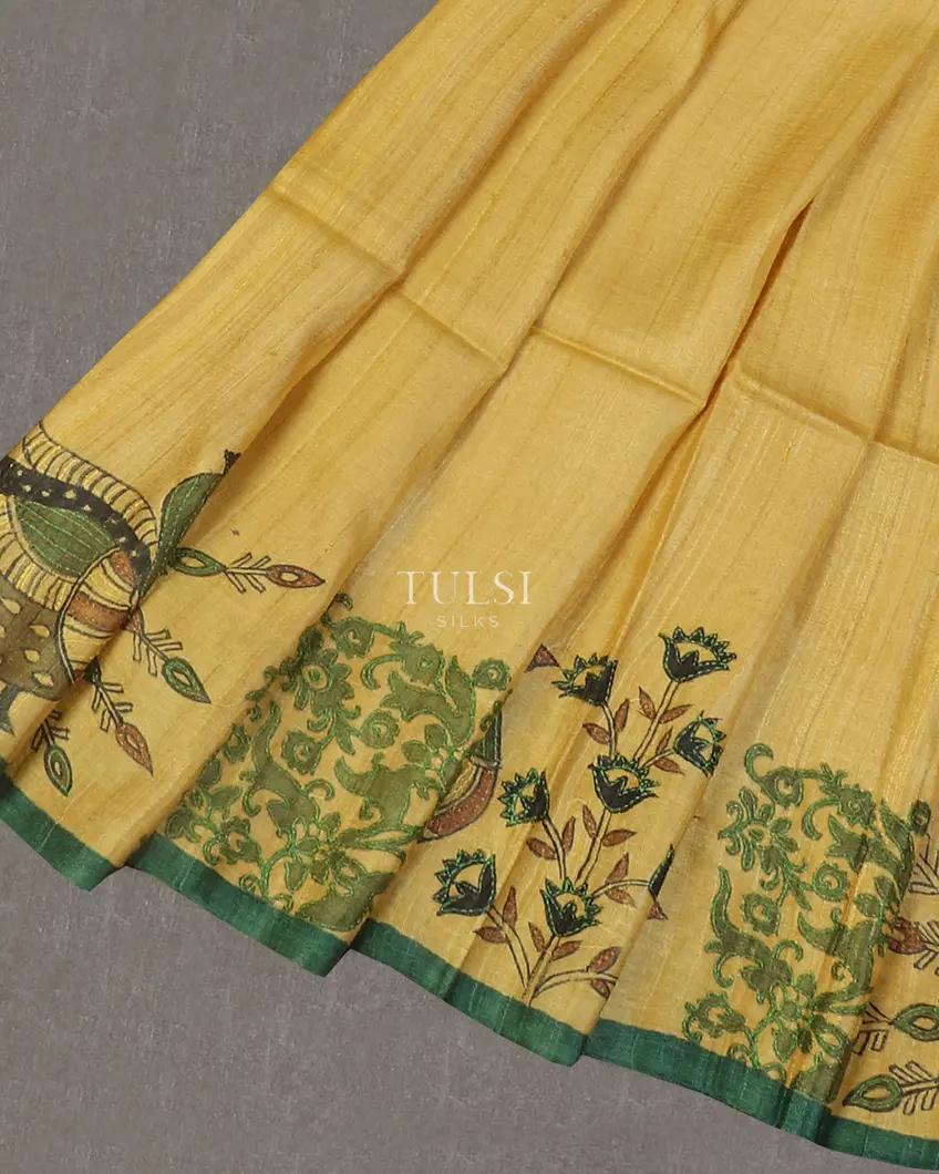 Yellow Tussar Kantha Work Saree T591745-image