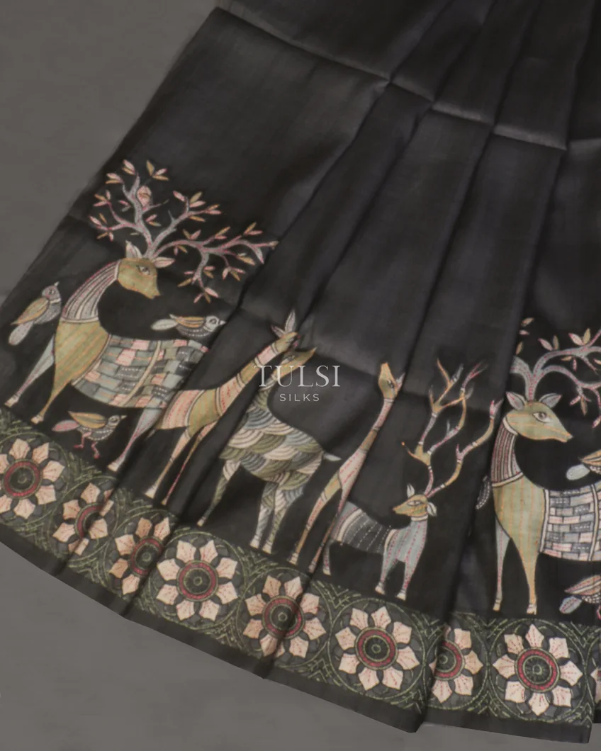 Dark Grey Tussar Kantha Work Saree T591746-image