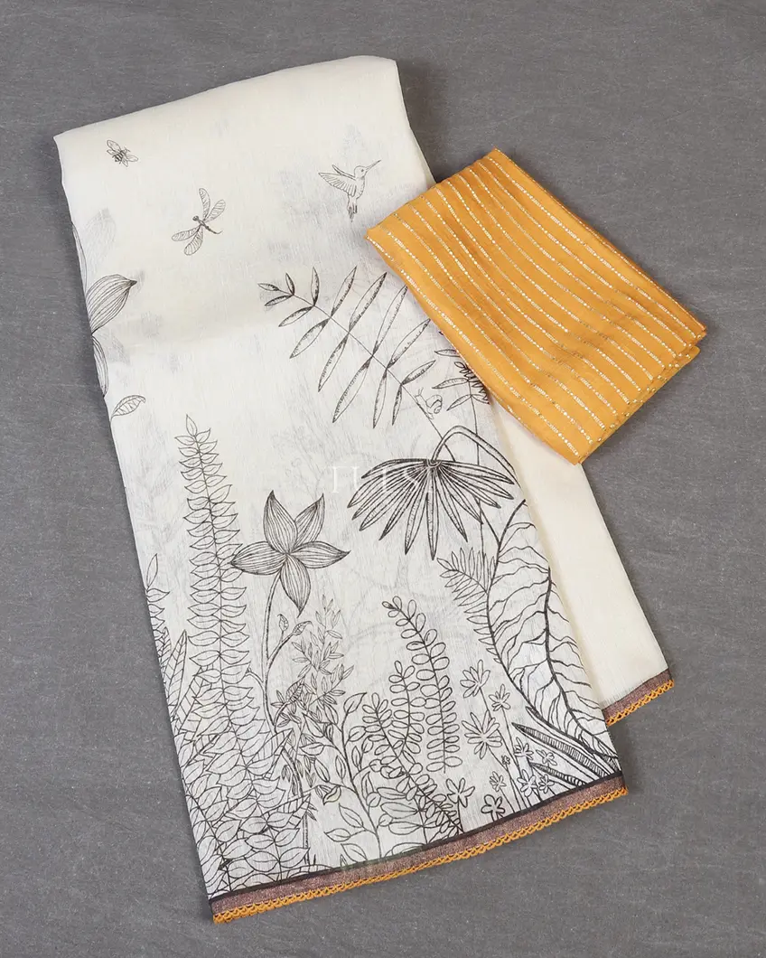 Off - White Linen Printed Saree T591536-image