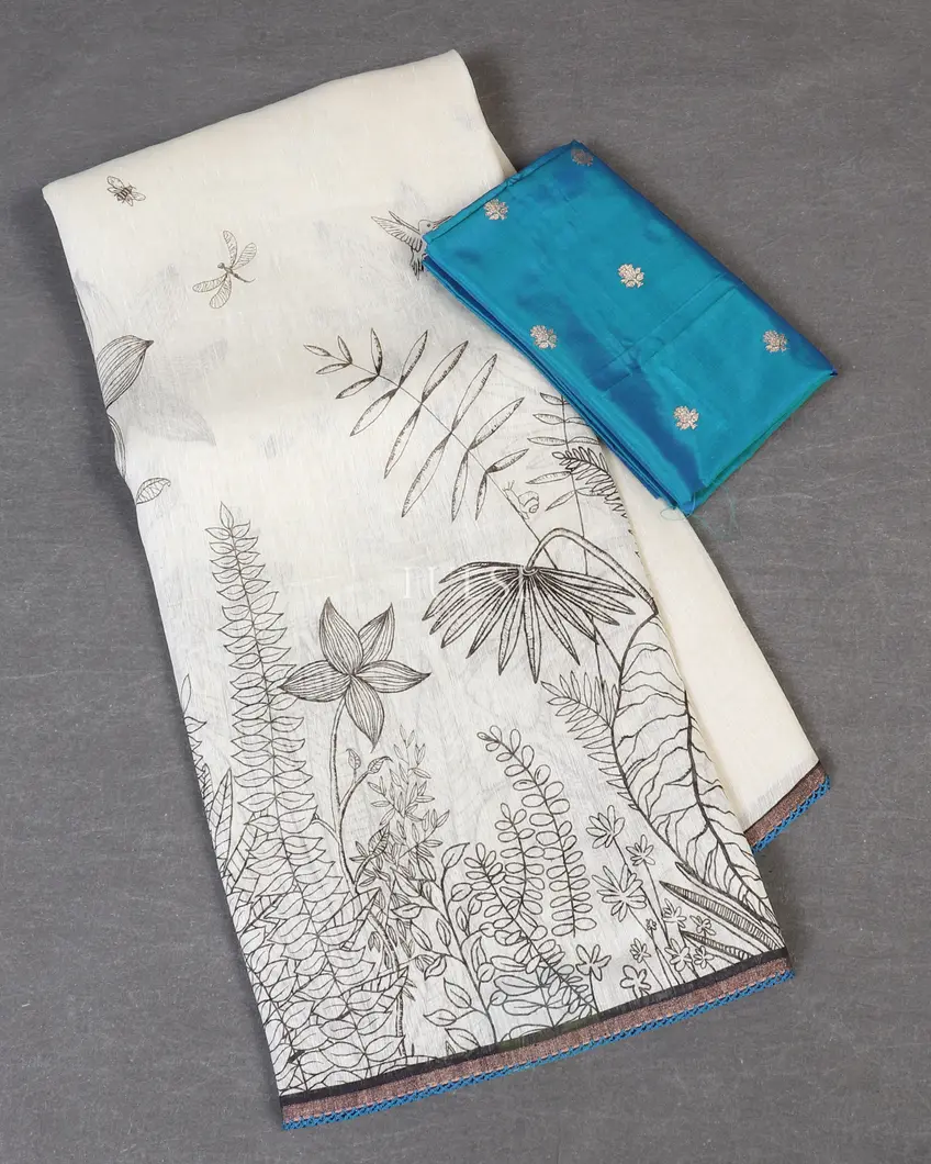 Off - White Linen Printed Saree T591543-image