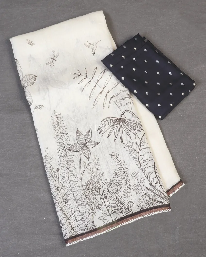 Off - White Linen Printed Saree T591535-image