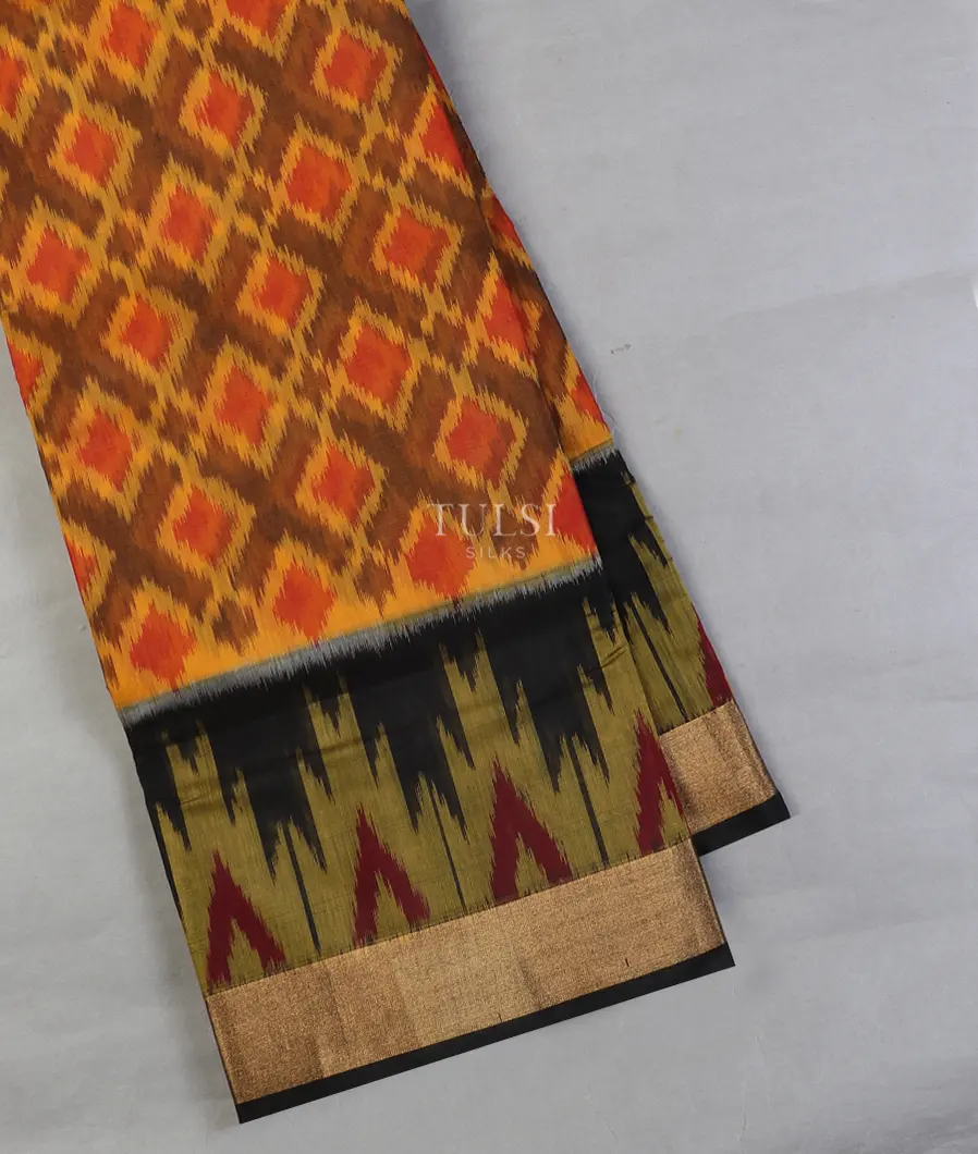 Yellow and Brown Pochampalli Silk Cotton Saree T595271-image