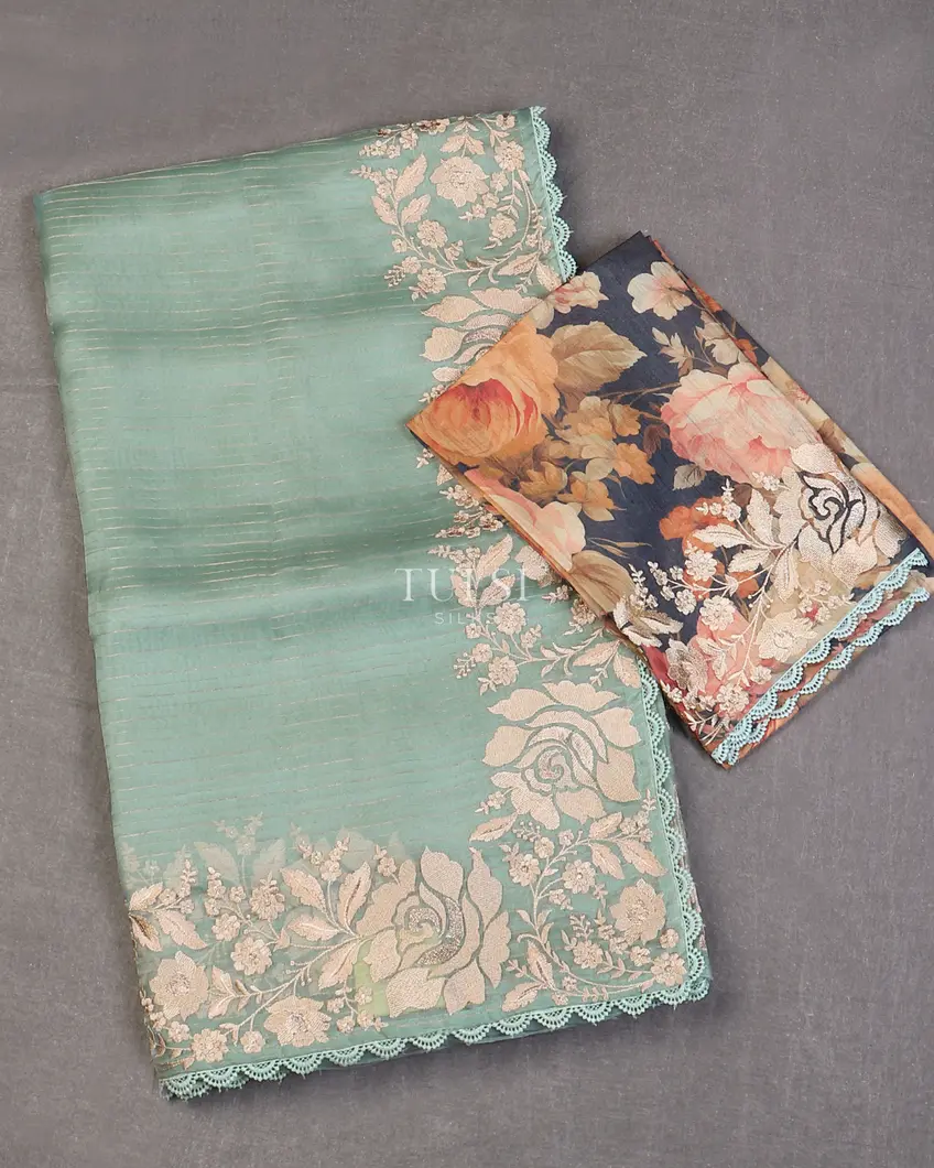 Blue Kora Organza Embroidery Saree T596613-image