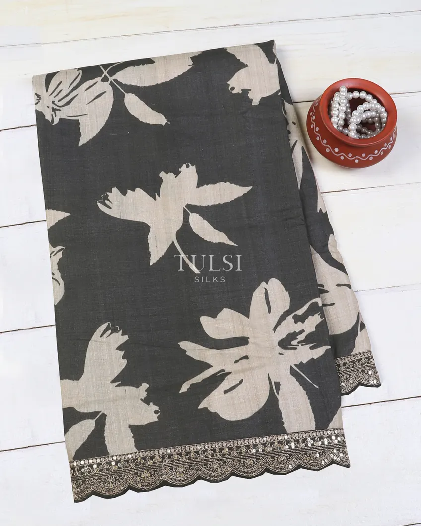 Dark Grey Tussar Embroidery Saree T596628-image