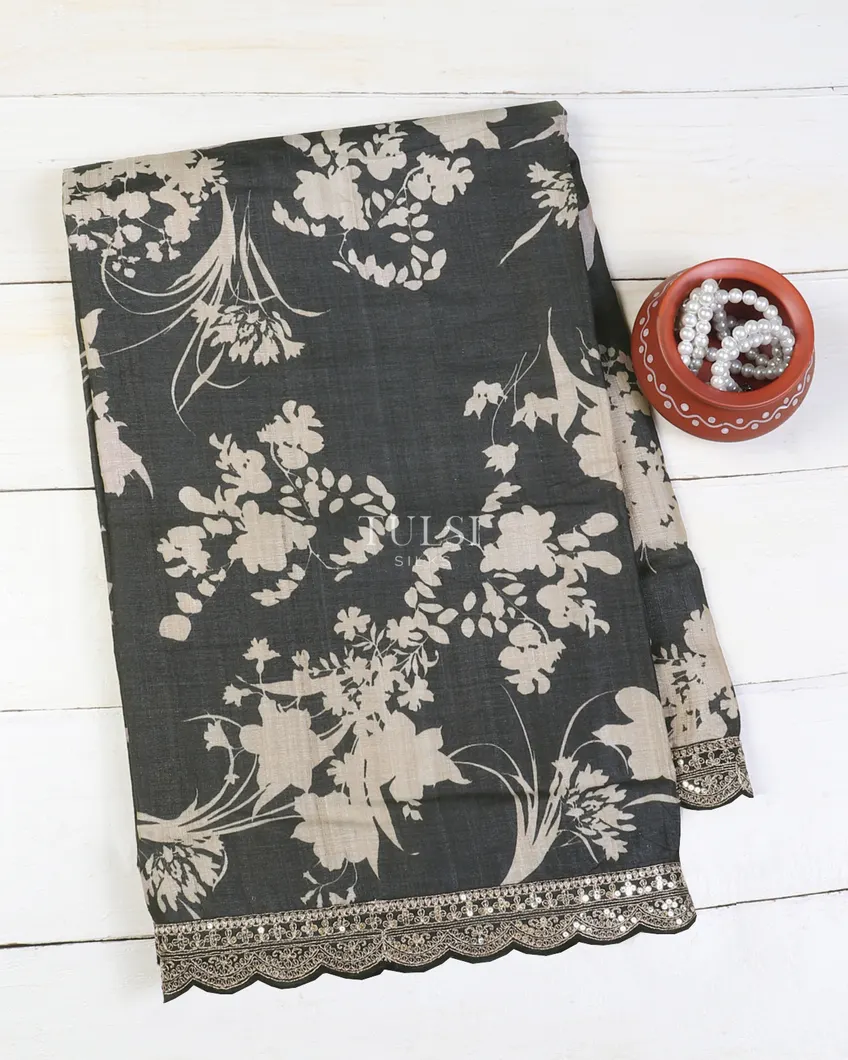 Dark Grey Tussar Embroidery Saree T596629-image