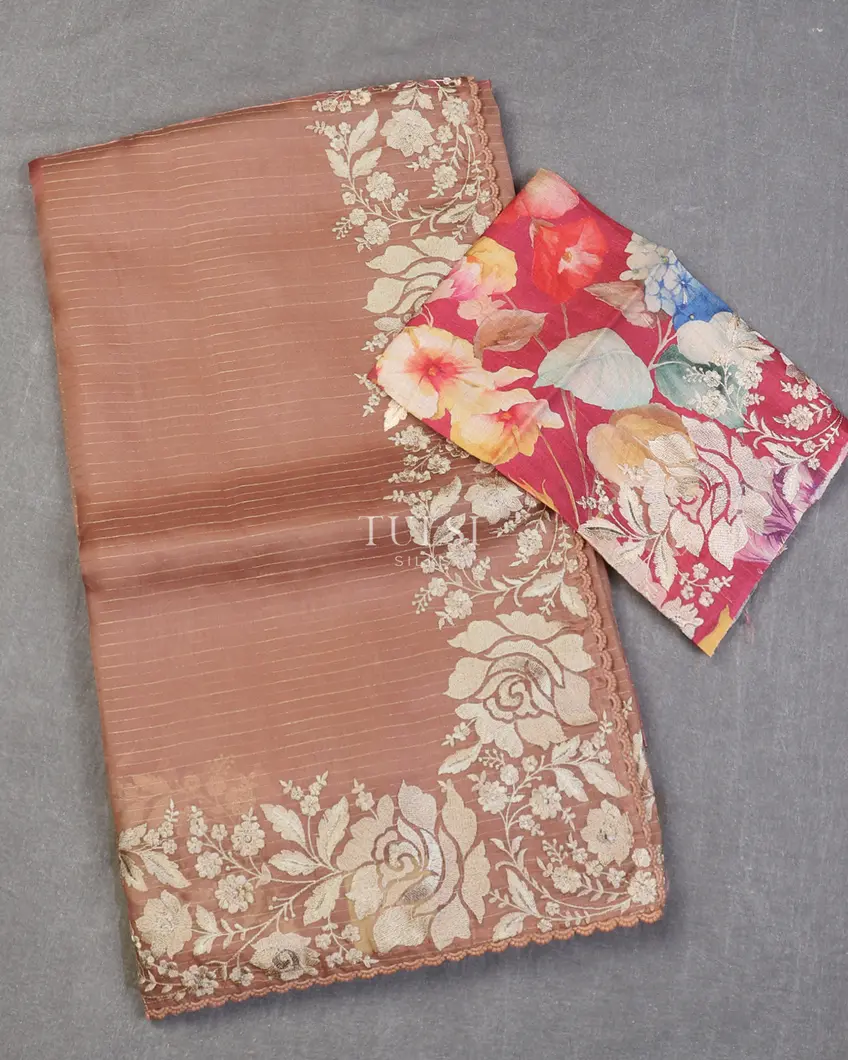 Dusty Peach Kora Organza Embroidery Saree T596612-image