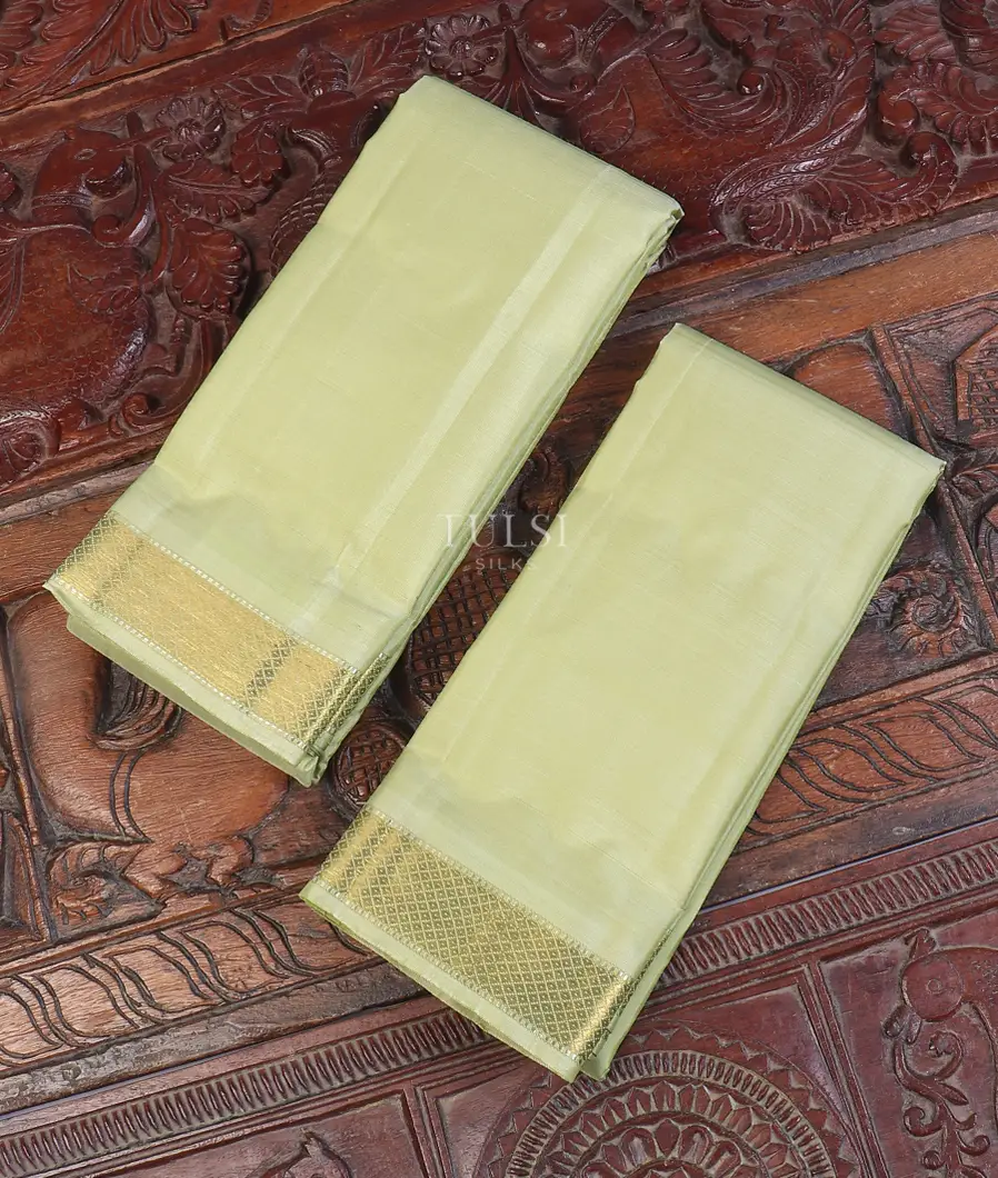 Pale Green Handwoven Kanjivaram Silk Dhoti and Vastharam T597328-image