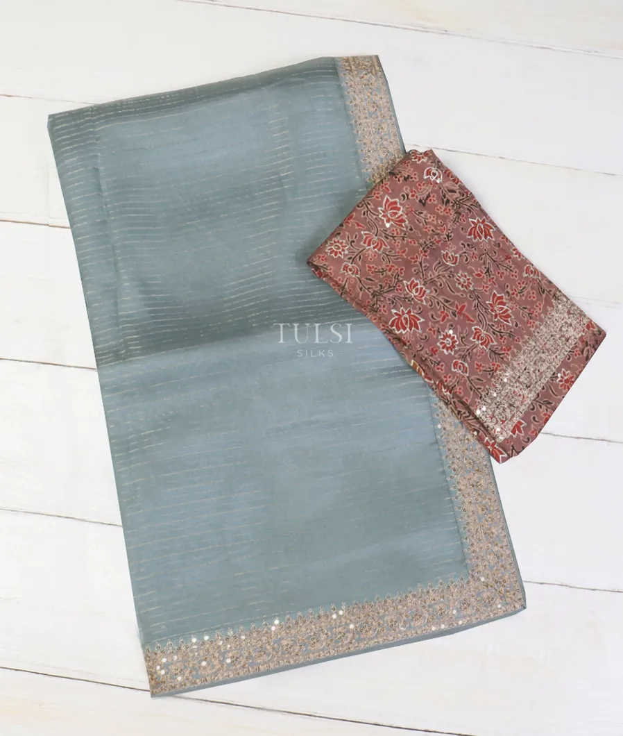 Bluish Grey Kora Organza Embroidery Saree T597395-image