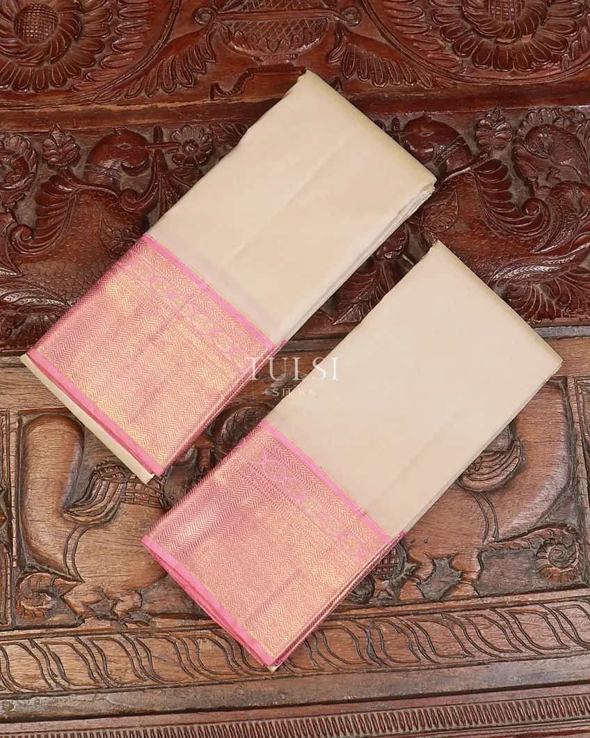 Light Beige Handwoven Kanjivaram Silk Dhoti and Vastharam T550690-image