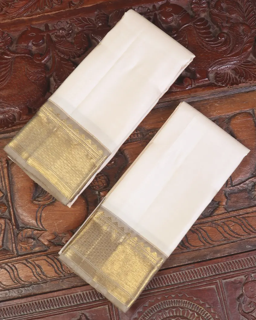 Off - White Handwoven Kanjivaram Silk Dhoti and Vastharam T582365-image