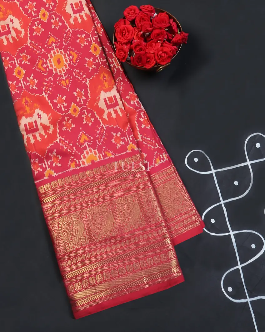 Pink And Orange Ikat Silk Saree T596512-image