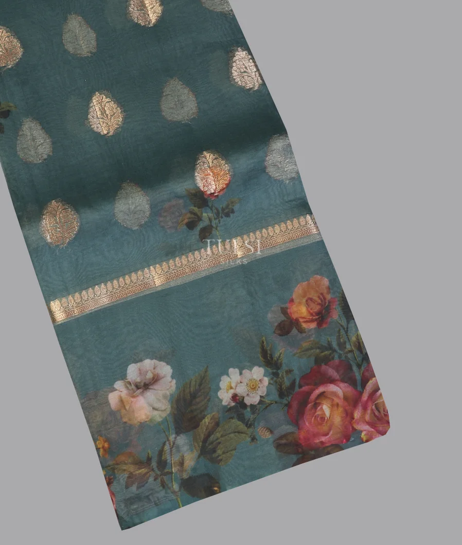 Bluish Grey Kora Organza Printed Saree T574206-image