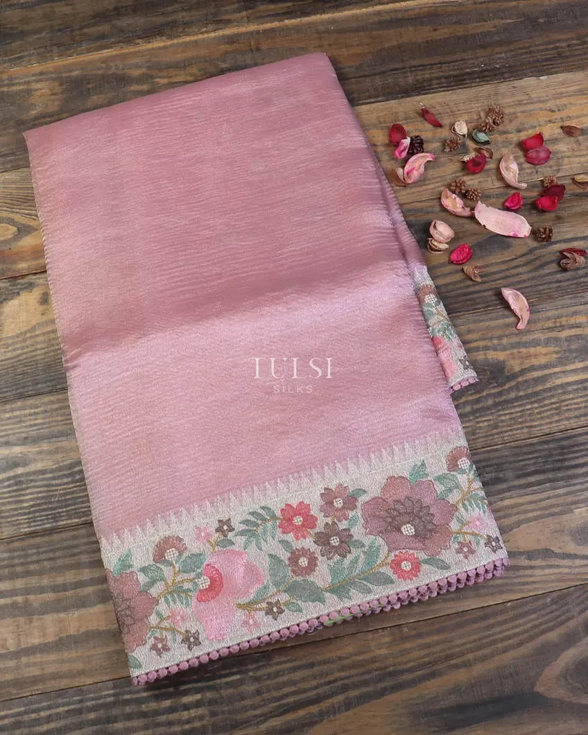 Pink Kora Crushed Tissue Organza Embroidery Saree T595193-image