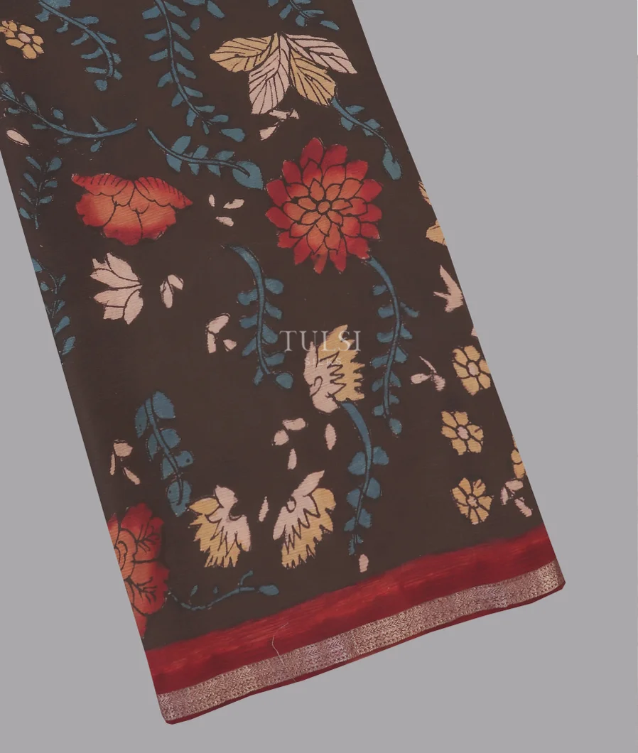 Deep Brown Crepe Kalamkari Handpainted Saree T560062-image