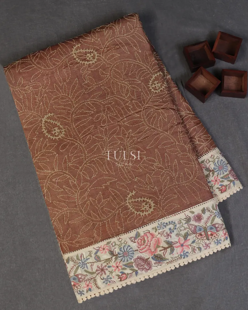 Brown Tussar Embroidery Saree T593909-image