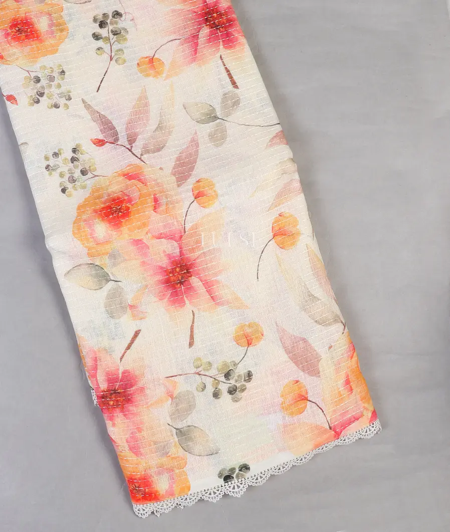 Off-White Linen Printed Saree T592269-image