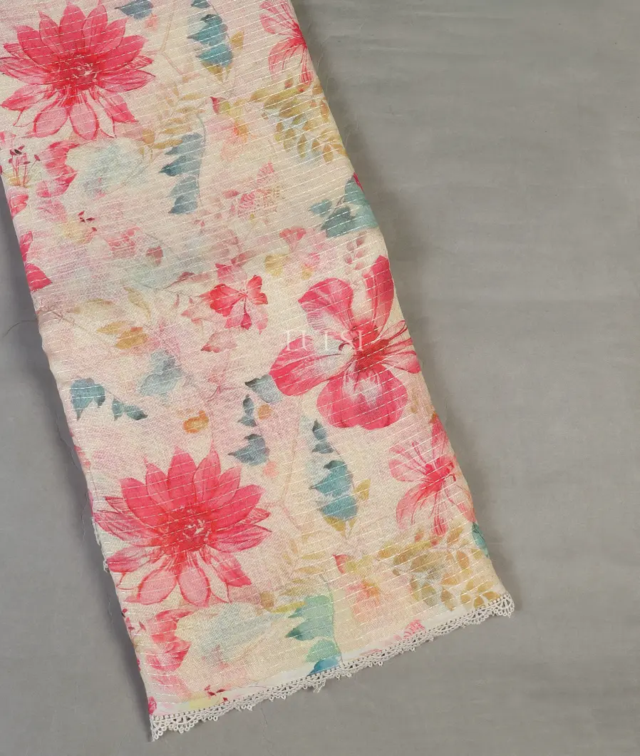 Off-White Linen Printed Saree T592272-image