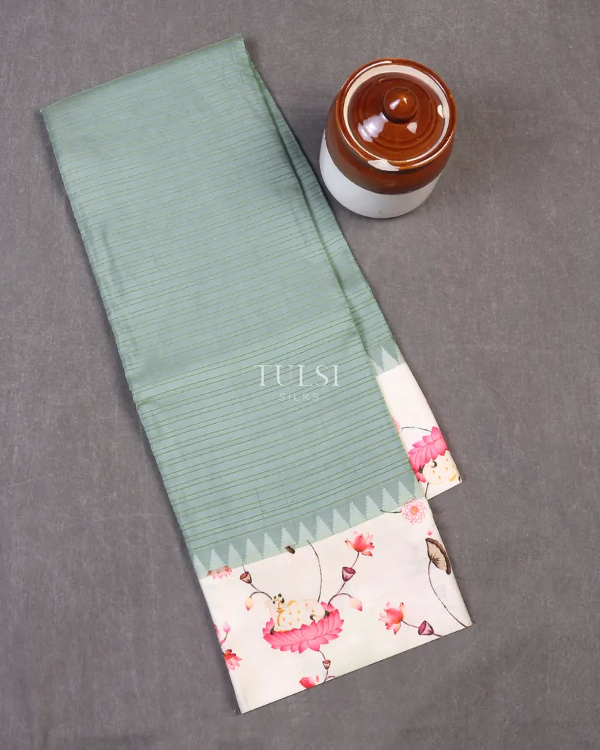 Greyish Green Printed Soft Silk Saree T595241-image