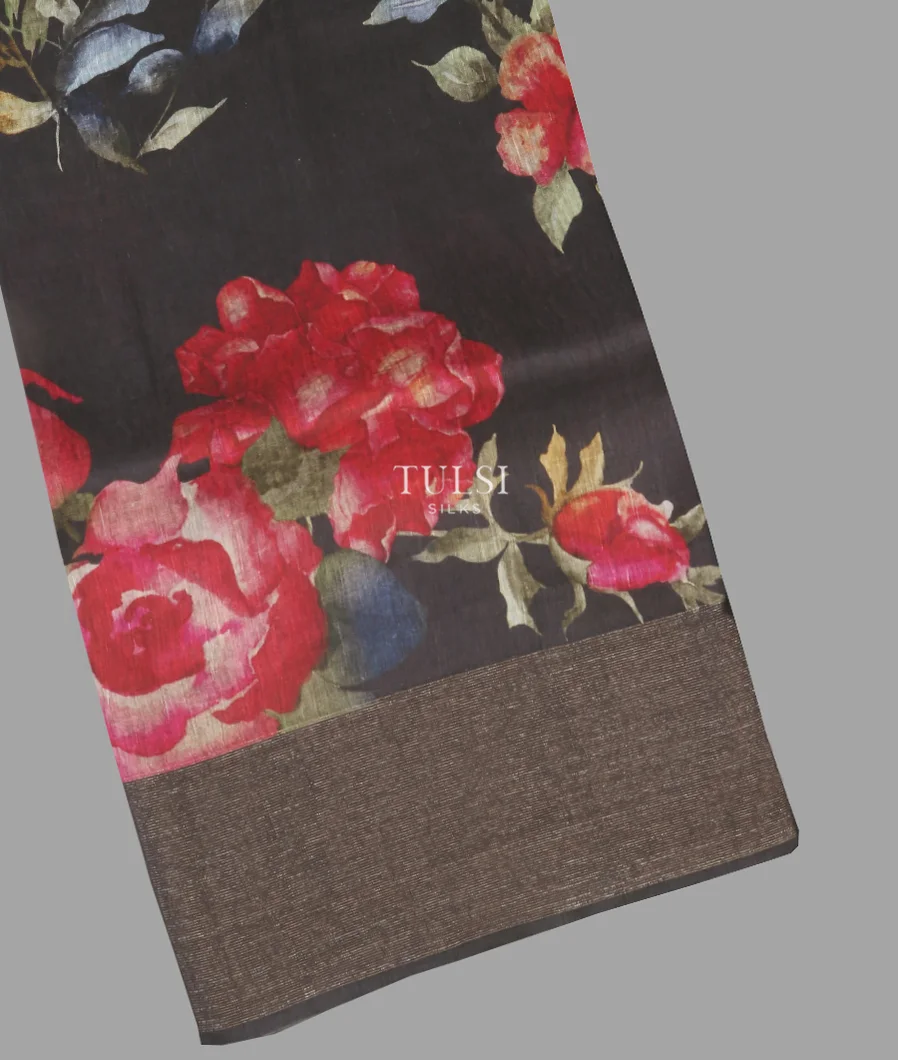 Black Linen Printed Saree T519762-1-image