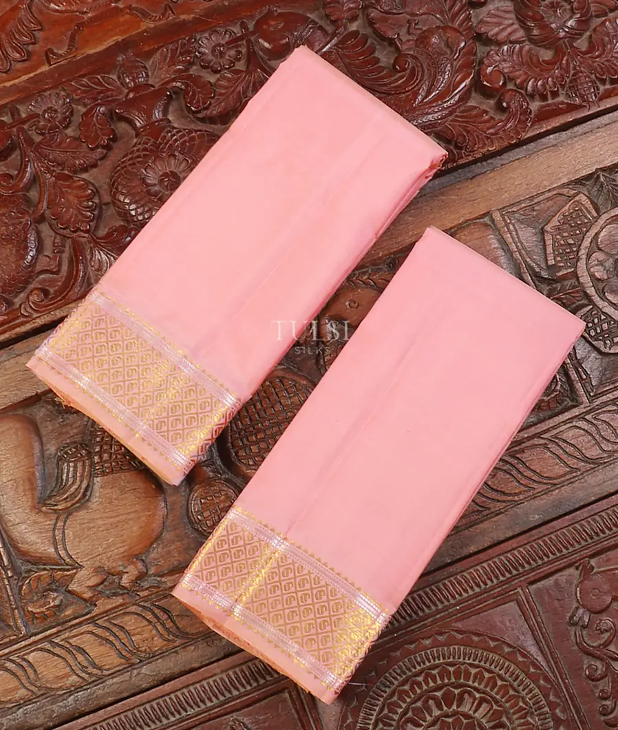 Pink Handwoven Kanjivaram Silk Dhoti and Vastharam T589375-image