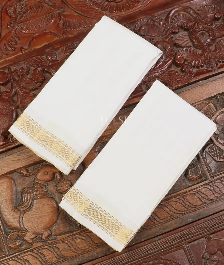 Off - White Handwoven Kanjivaram Silk Dhoti and Vastharam T583440-image