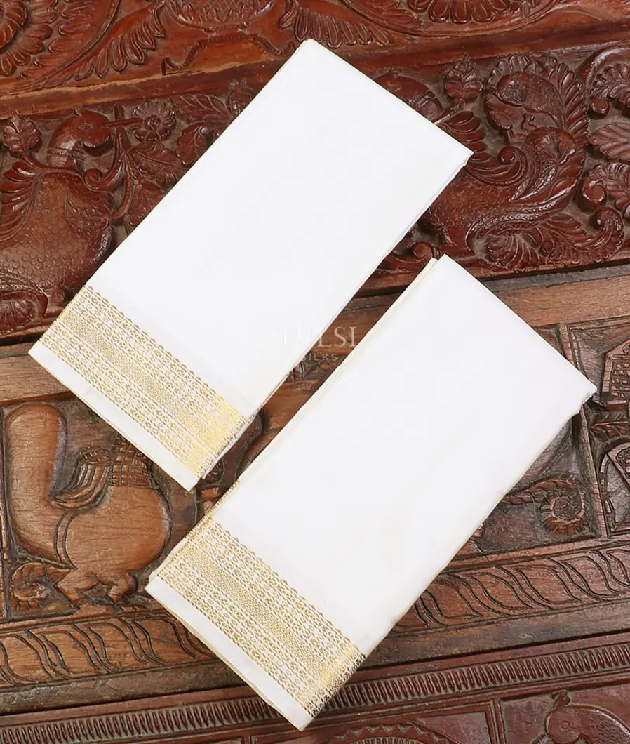 Off - White Handwoven Kanjivaram Silk Dhoti and Vastharam T590679-image