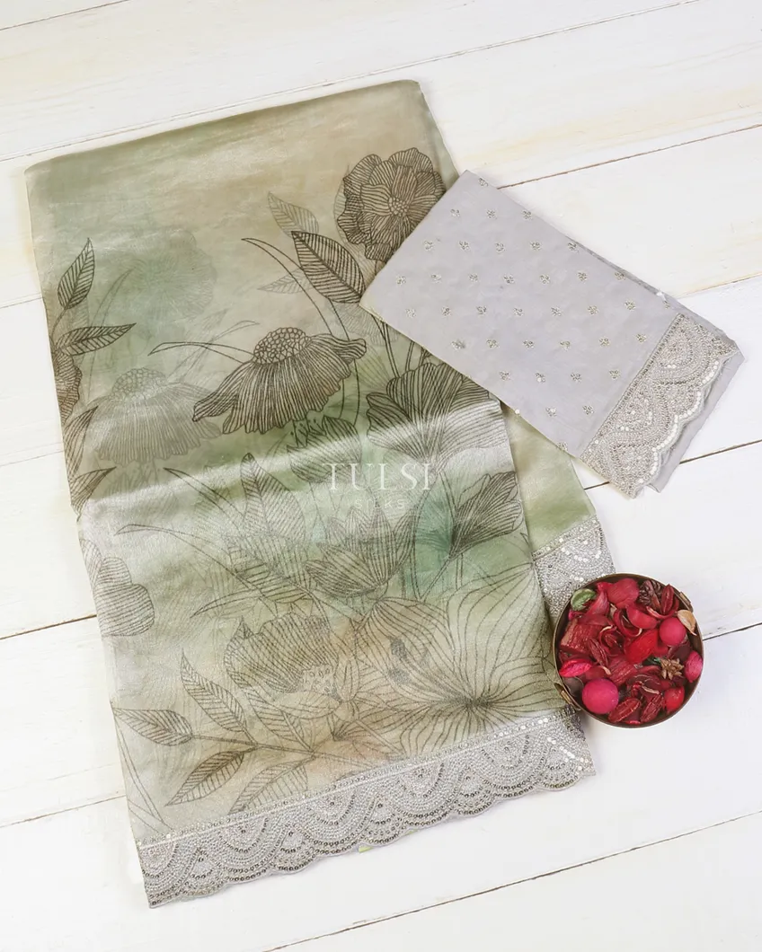 Light Green Kora Tissue Organza Embroidery Saree T595202-image