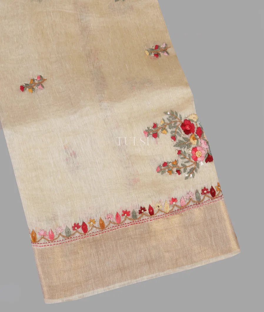 Beige Linen Embroidery Saree T558996-image