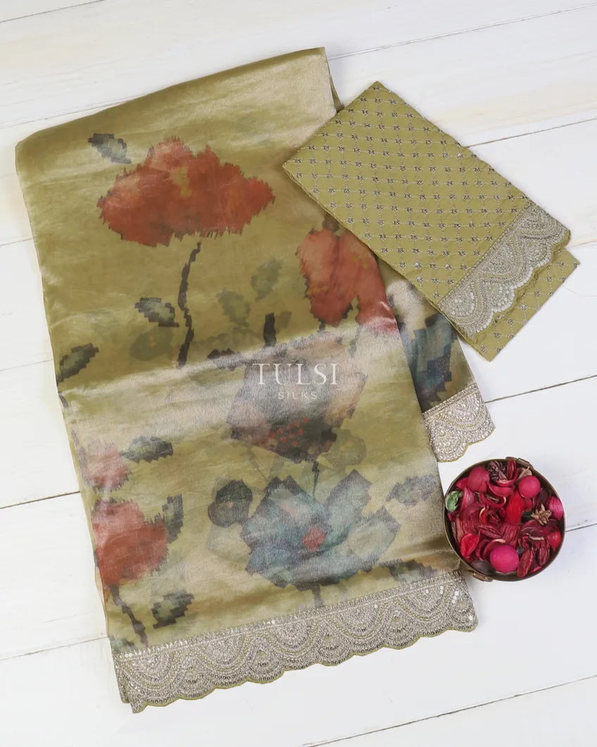 Light Khaki Green Kora Tissue Organza Embroidery Saree T595182-image