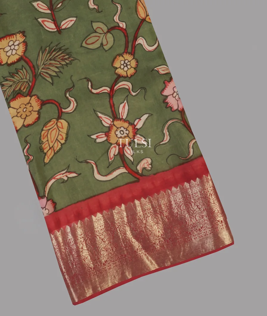 Green Kanjivaram Kalamkari Handpainted Saree T570038-image