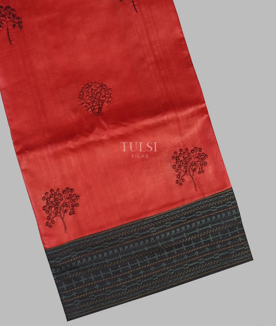 Red Tussar Embroidery Saree T571509-image