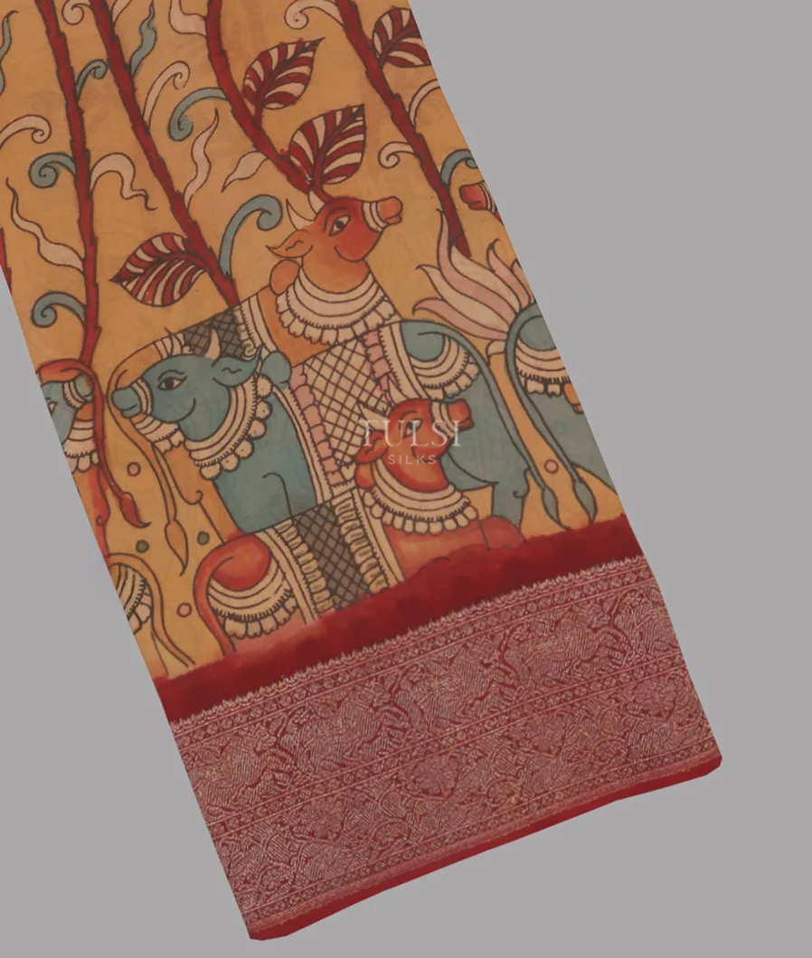 Light Dusty Orange Banaras Georgette Kalamkari Handpainted Saree T570047-image
