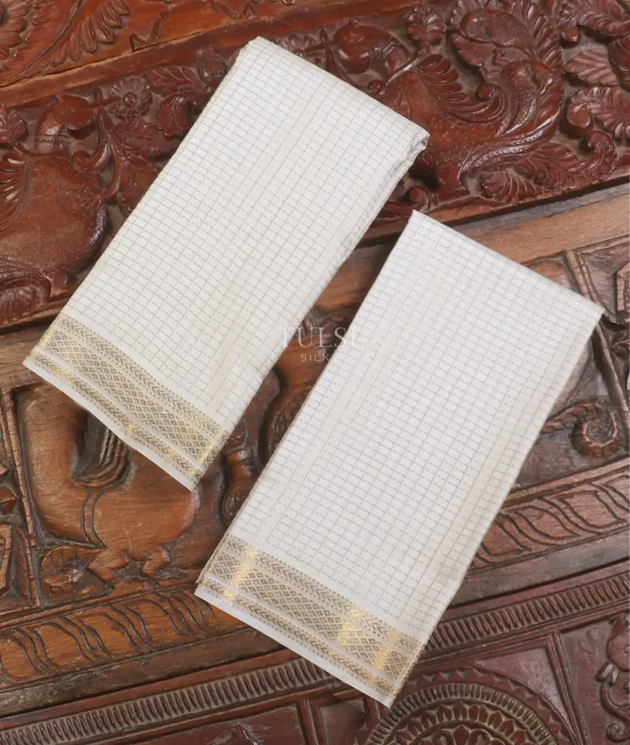 Off - White Handwoven Kanjivaram Silk Dhoti and Vastharam T583431-image